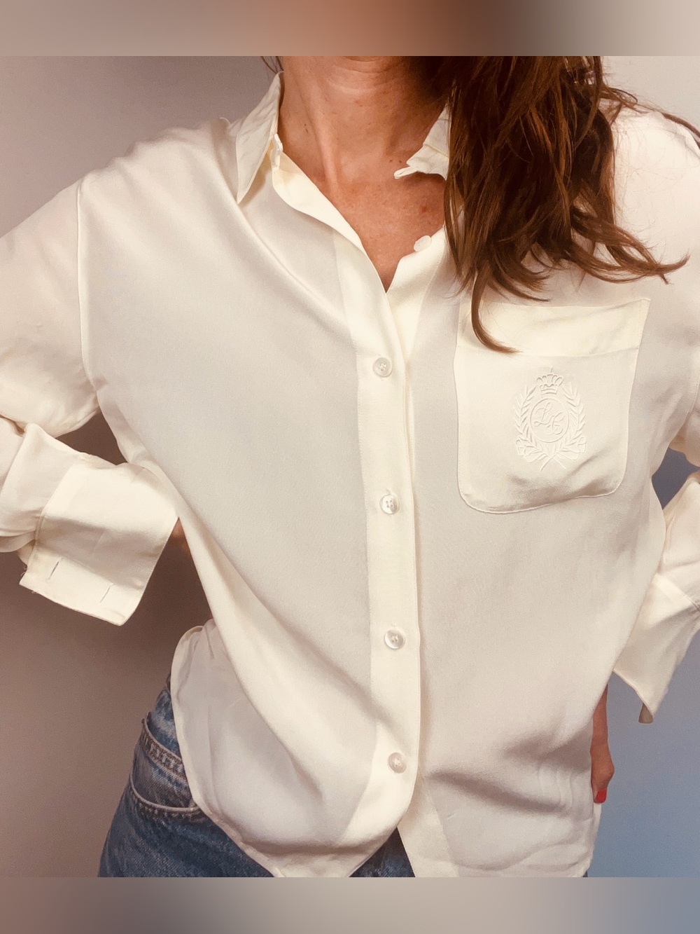Vintage 80's Liz Claiborne Collection Ivory Blouse – Embroidered & French Cuffs